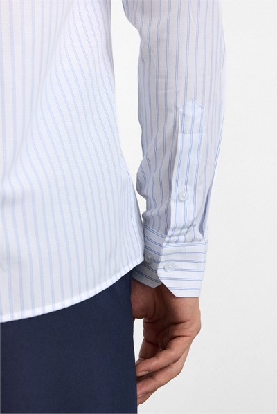 Lacivert Slim Düğmeli Yaka Dikey Çizgili Armürlü Cepsiz Düğmeli Uzun Kollu Casual Gömlek
