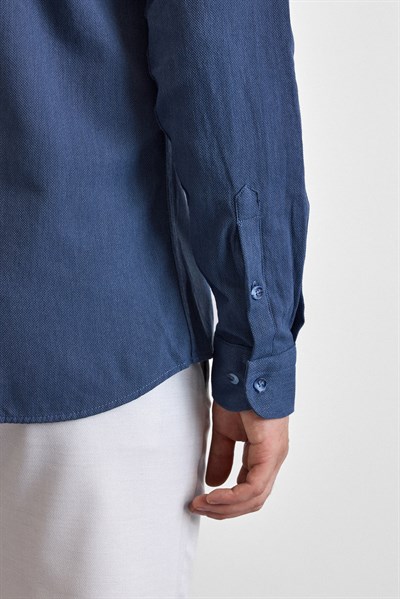 Lacivert Slim Düğmeli Yaka Düz Cepsiz Casual Gömlek