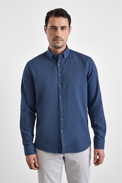 Lacivert Slim Düğmeli Yaka Düz Cepsiz Casual Gömlek