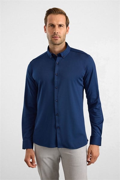 Lacivert Slim Düğmeli Yaka Manşetli Casual Gömlek
