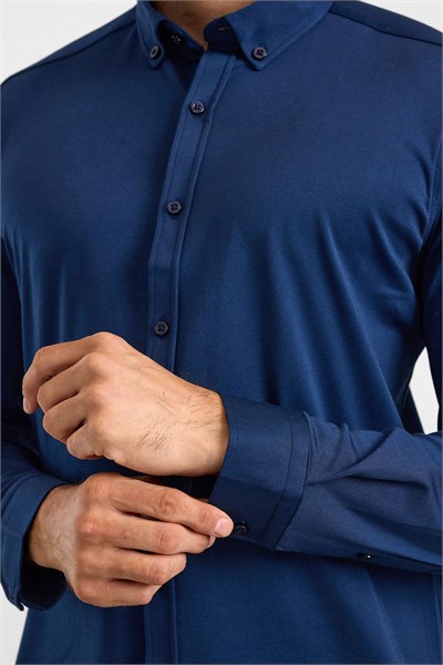 Lacivert Slim Düğmeli Yaka Manşetli Casual Gömlek