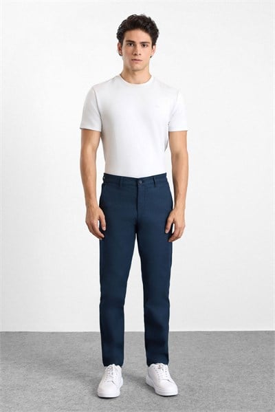Lacivert Slim Düz Armürlü Normal Bel Casual Pantolon