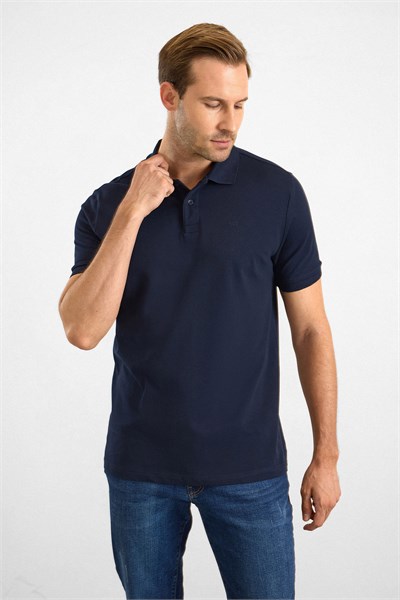 Lacivert Slim Düz Düğmeli Polo Yaka Tişört