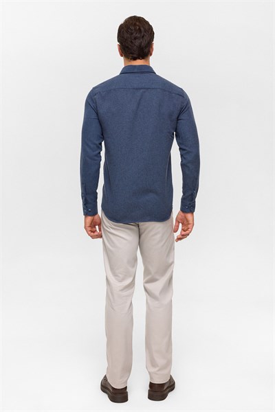 Lacivert Slim Düz Düğmeli Yaka Gömlek