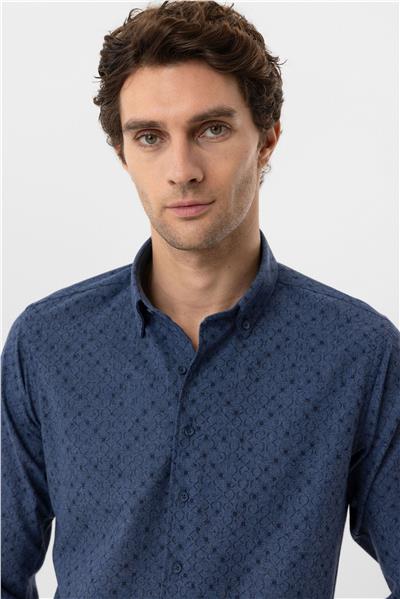 Lacivert Slim Fit Düz Düğmeli Yaka Gömlek