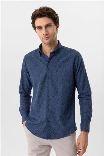 Lacivert Slim Fit Düz Düğmeli Yaka Gömlek