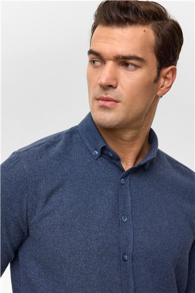 Lacivert Slim Düz Düğmeli Yaka Gömlek
