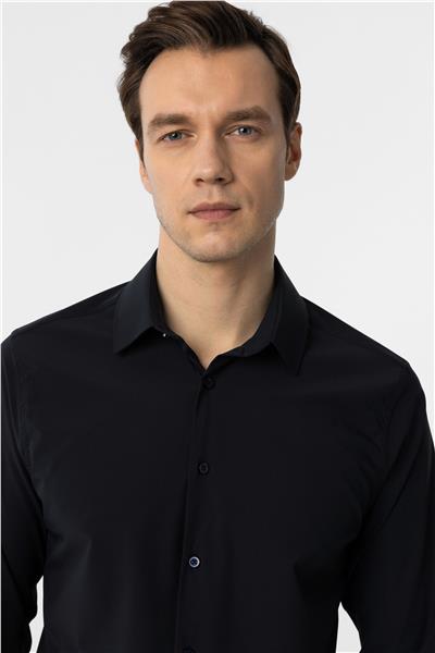 Lacivert Slim Fit Düz Klasik Yaka Gömlek