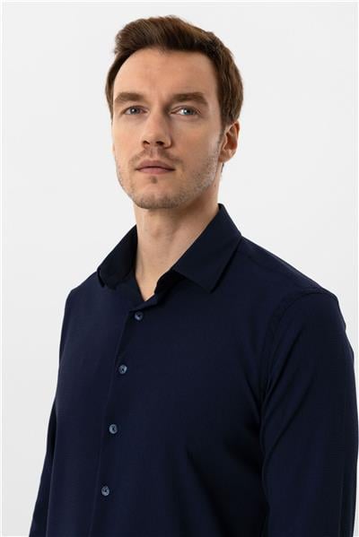 Lacivert Slim Fit Düz Klasik Yaka Gömlek