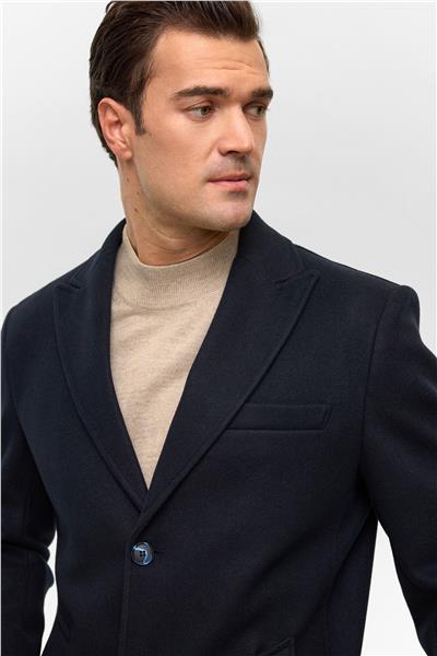 Lacivert Slim Düz Sivri Yaka Kaban