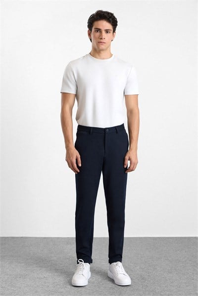 Lacivert Slim Düz Twill Yarım Lastikli Jogger Pantolon