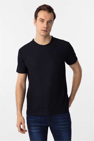 Lacivert Slim Fit Armürlü Bisiklet Yaka Tişört