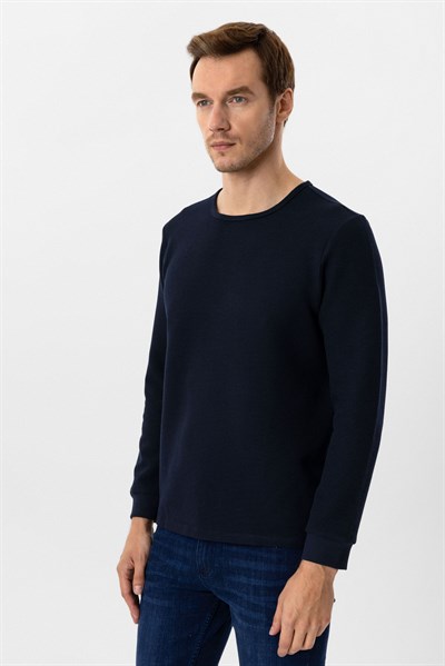 Lacivert Slim Fit Armürlü Bisiklet Yaka Triko Kazak