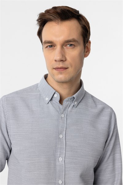 Lacivert Slim Fit Armürlü Düğmeli Yaka Gömlek