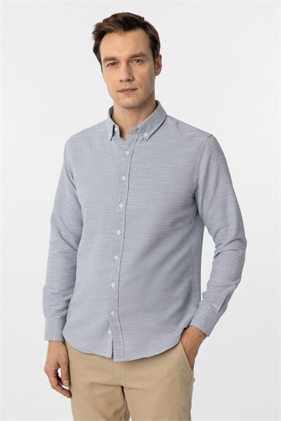 Lacivert Slim Fit Armürlü Düğmeli Yaka Gömlek