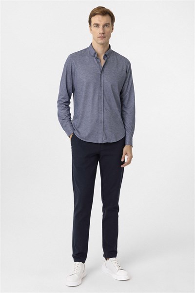 Lacivert Slim Fit Armürlü Düğmeli Yaka Gömlek