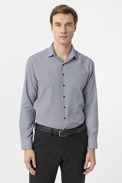 Lacivert Slim Fit Armürlü Klasik Yaka Gömlek