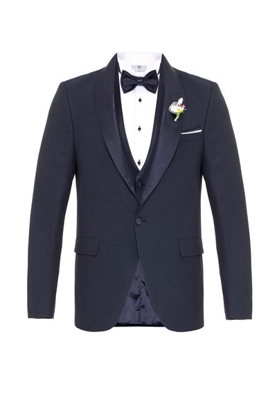 Lacivert Slim Fit Armürlü Mono Yaka 6 Drop Smokin & Damatlık