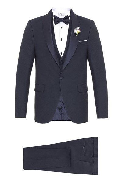 Lacivert Slim Fit Armürlü Mono Yaka 6 Drop Smokin & Damatlık