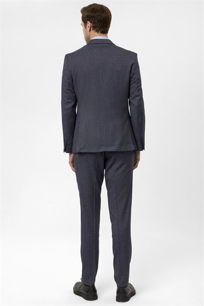 Lacivert Slim Fit Armürlü Sivri Yaka 6 Drop Klasik Takım Elbise