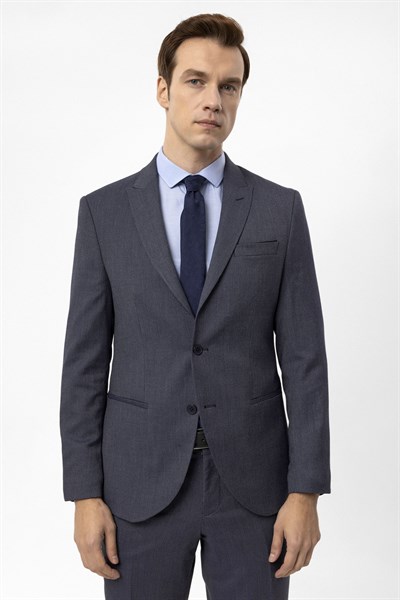 Lacivert Slim Fit Armürlü Sivri Yaka 6 Drop Klasik Takım Elbise