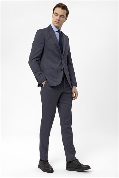Lacivert Slim Fit Armürlü Sivri Yaka 6 Drop Klasik Takım Elbise