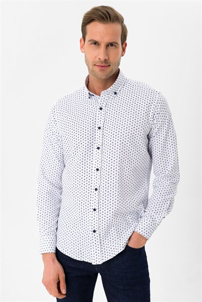 Lacivert Slim Fit Baskılı Düğmeli Yaka Gömlek