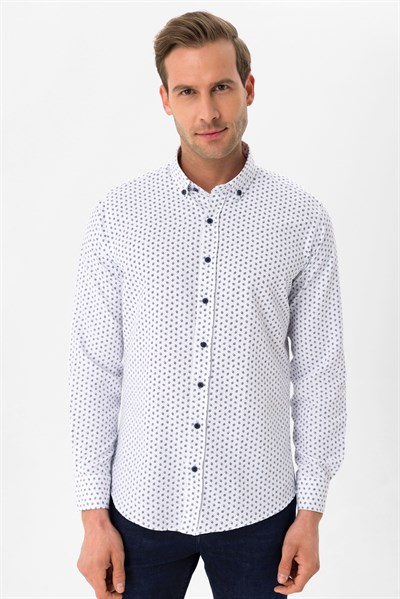Lacivert Slim Fit Baskılı Düğmeli Yaka Gömlek