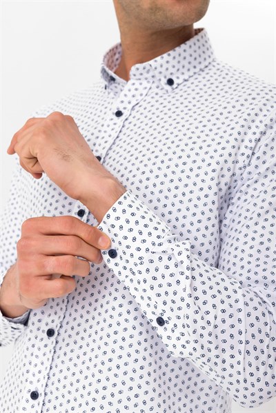 Lacivert Slim Fit Baskılı Düğmeli Yaka Gömlek