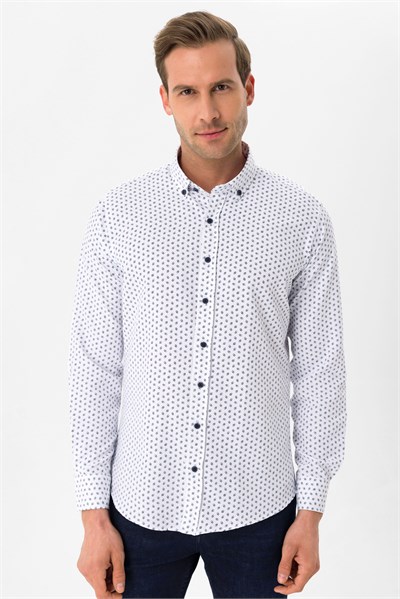 Lacivert Slim Fit Baskılı Düğmeli Yaka Gömlek