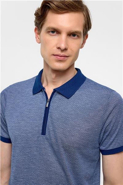 Lacivert Slim Fit Baskılı Polo Yaka Tişört