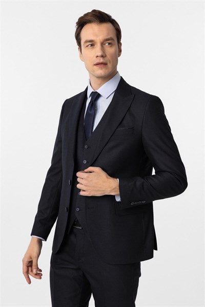 Lacivert Slim Fit Desenli Sivri Yaka 6 Drop Yelekli Klasik Takım Elbise