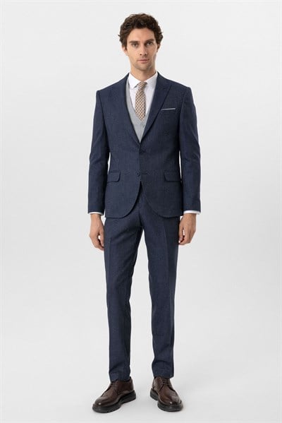 Lacivert Slim Fit Desenli Sivri Yaka 6 Drop Yelekli Klasik Takım Elbise