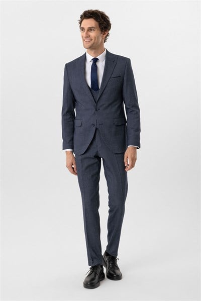 Lacivert Slim Fit Desenli Sivri Yaka 6 Drop Yelekli Klasik Takım Elbise