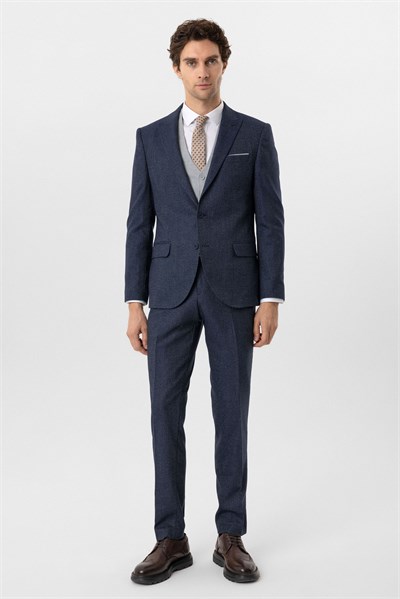 Lacivert Slim Fit Desenli Sivri Yaka 6 Drop Yelekli Klasik Takım Elbise