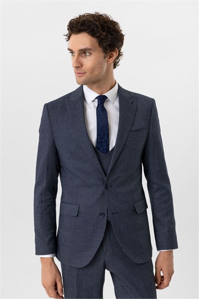 Lacivert Slim Fit Desenli Sivri Yaka 6 Drop Yelekli Klasik Takım Elbise