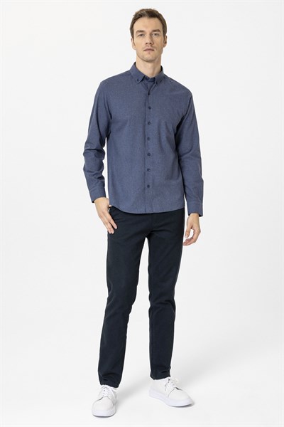 Lacivert Slim Fit Düz Düğmeli Yaka Gömlek