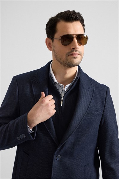 Lacivert Slim Hakim Yaka Düz Yan Cepli Düğmeli Dolgusuz Standart Kaban