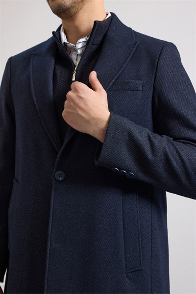 Lacivert Slim Hakim Yaka Düz Yan Cepli Düğmeli Dolgusuz Standart Kaban