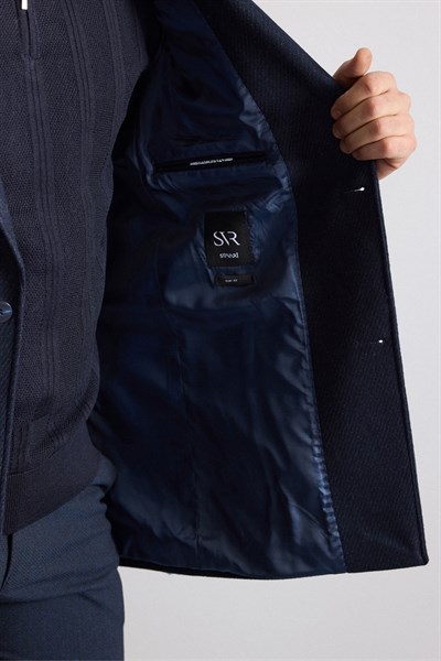 Lacivert Slim Hakim Yaka Düz Yan Cepli Düğmeli Dolgusuz Standart Kaban