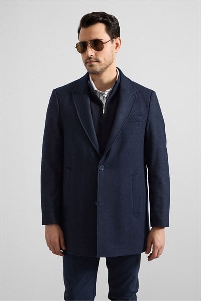 Lacivert Slim Hakim Yaka Düz Yan Cepli Düğmeli Dolgusuz Standart Kaban