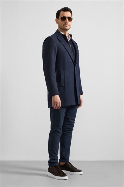 Lacivert Slim Hakim Yaka Düz Yan Cepli Düğmeli Dolgusuz Standart Kaban