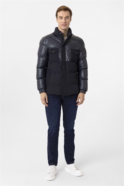 Lacivert Slim Kapitone Dik Yaka Mont