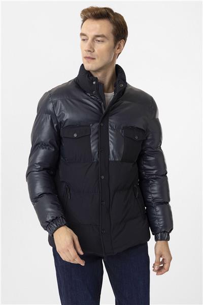 Lacivert Slim Kapitone Dik Yaka Mont