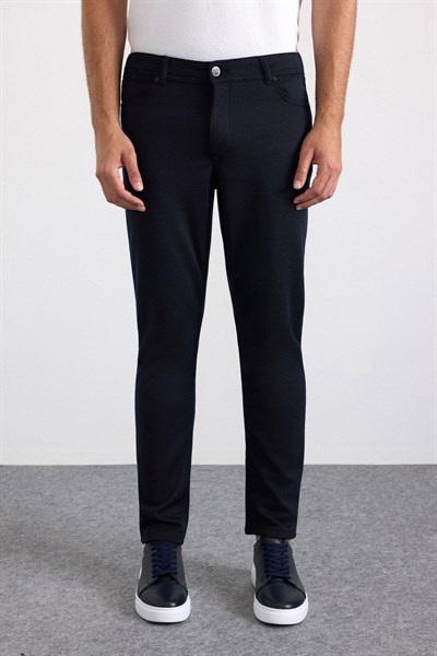 Lacivert Slim Karışık Desen Armürlü Normal Bel Casual Pantolon
