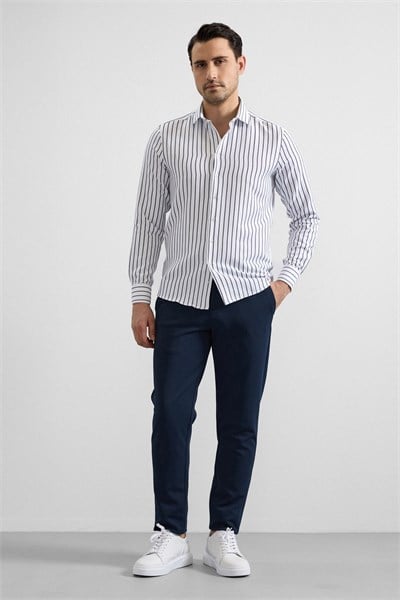 Lacivert Slim Klasik Yaka Cepsiz Casual Gömlek