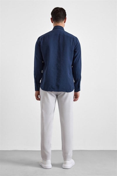 Lacivert Slim Klasik Yaka Düz Uzun Kollu Casual Gömlek
