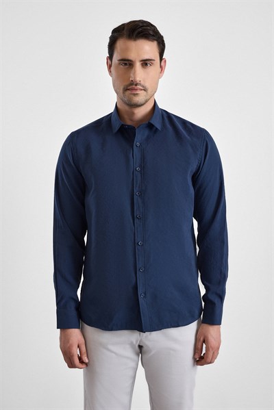 Lacivert Slim Klasik Yaka Düz Uzun Kollu Casual Gömlek