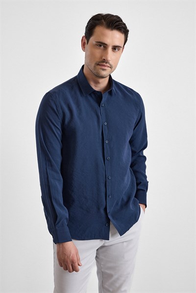 Lacivert Slim Klasik Yaka Düz Uzun Kollu Casual Gömlek