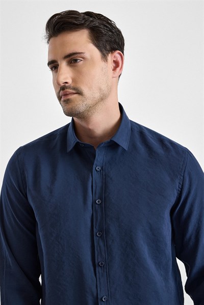 Lacivert Slim Klasik Yaka Düz Uzun Kollu Casual Gömlek